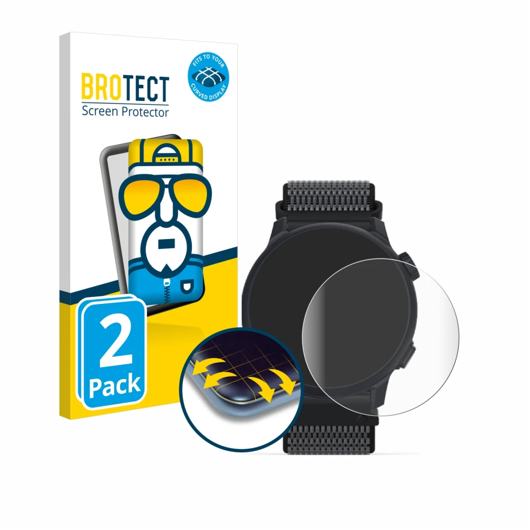Parte frontal de un envase de producto con el logotipo de la marca BROTECT. Al lado se muestra el dispositivo Coros Pace 2 con