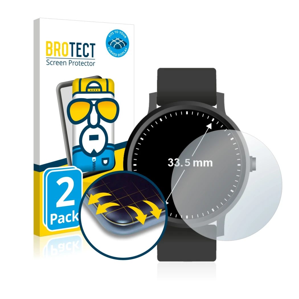 Parte frontal de un envase de producto con el logotipo de la marca BROTECT. Al lado se muestra el dispositivo Relojes (Circula