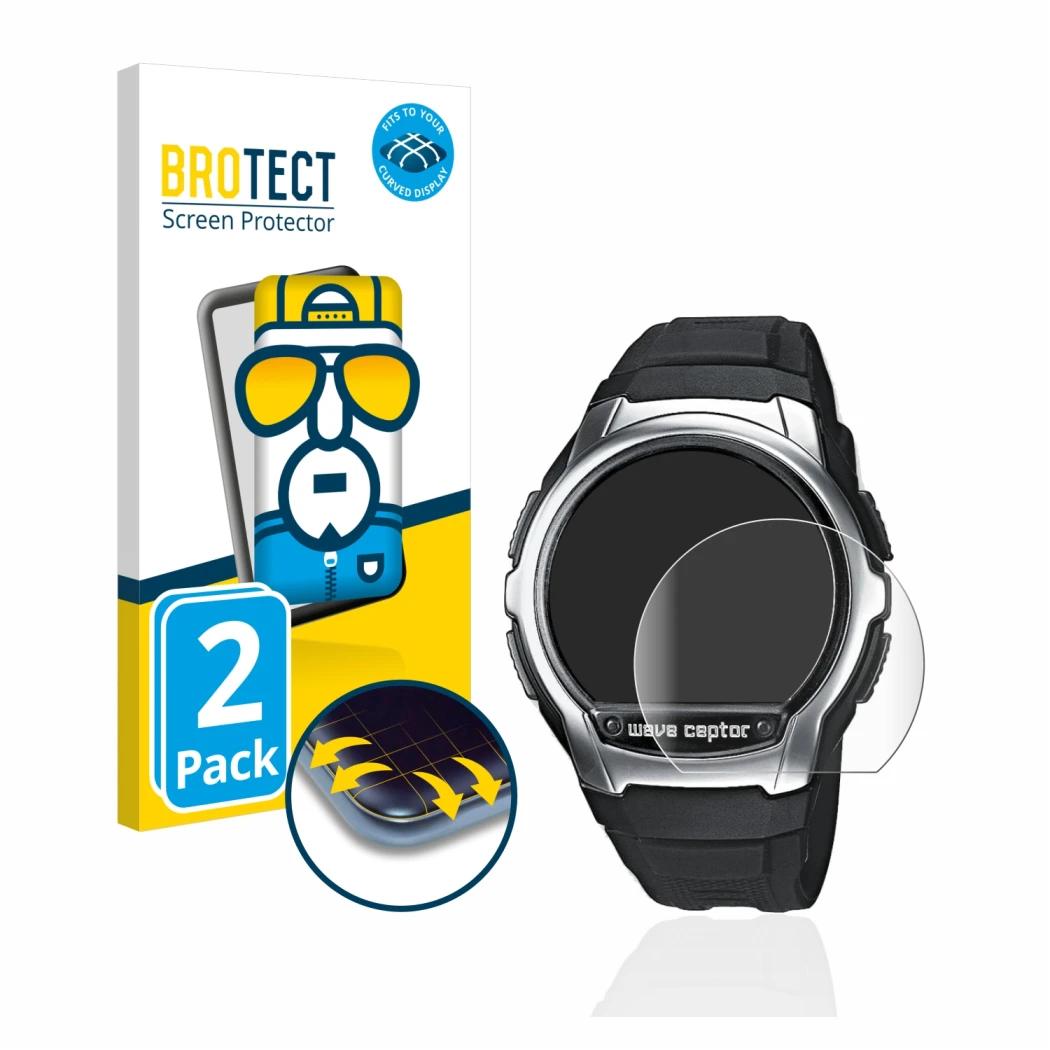 Parte frontal de un envase de producto con el logotipo de la marca BROTECT. Al lado se muestra el dispositivo Casio Wave Cepto