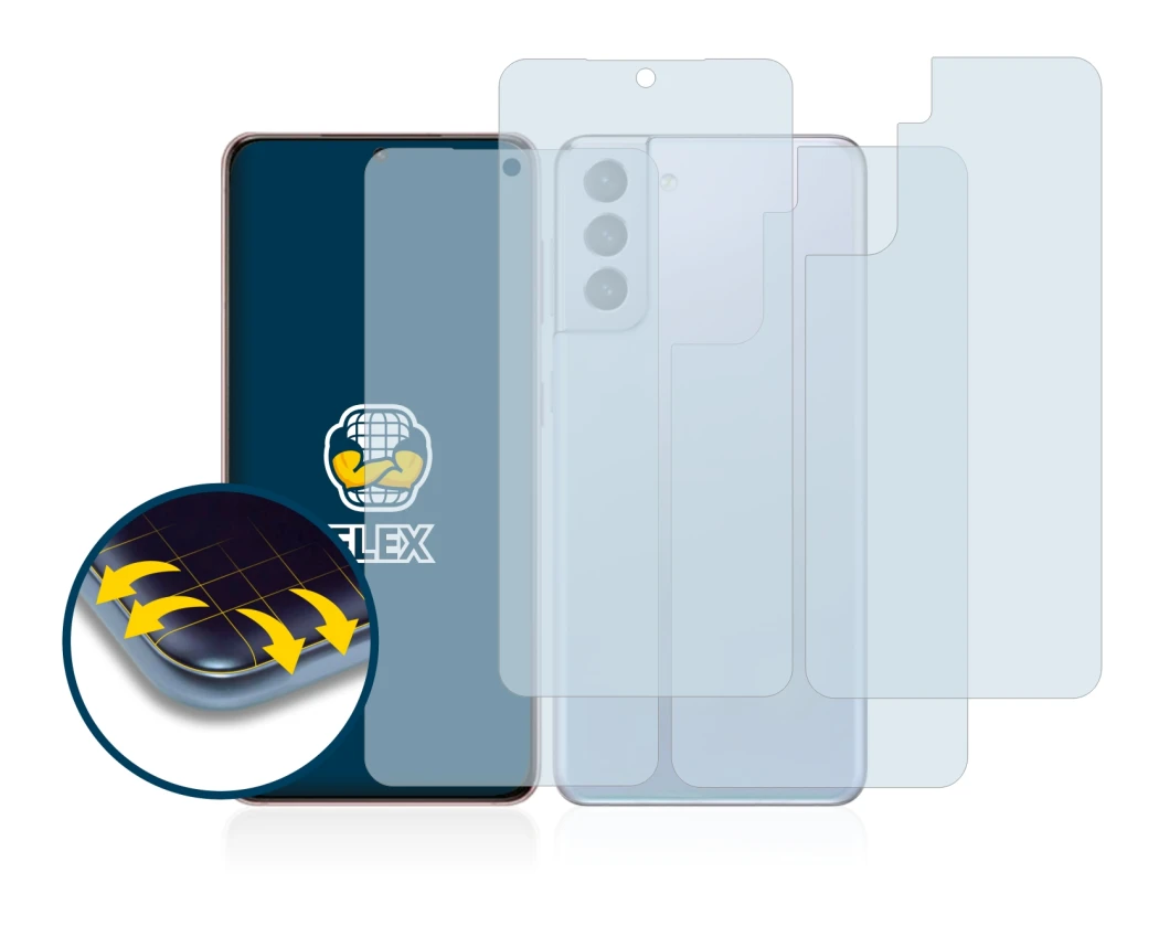 Imagen del dispositivo Samsung Galaxy S21 5G (Frontal+Trasero) con una amplia variedad de protectores de pantalla.