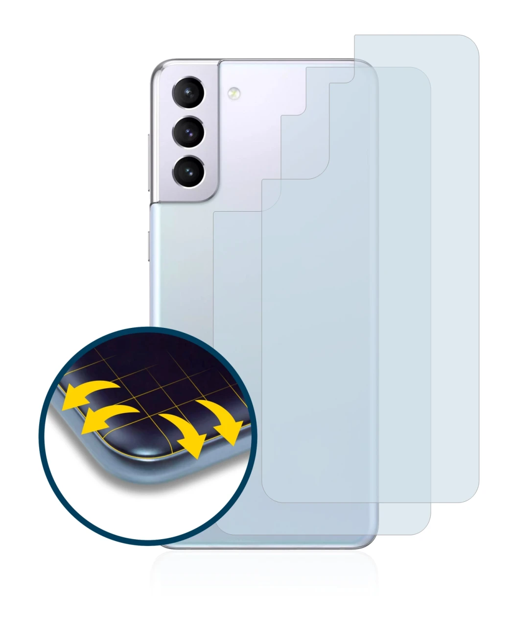 Imagen del dispositivo Samsung Galaxy S21 (Trasero) con una amplia variedad de protectores de pantalla.