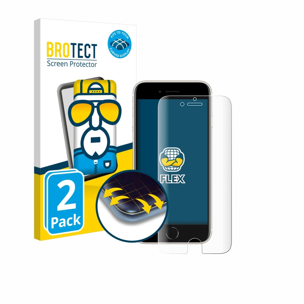 Parte frontal de un envase de producto con el logotipo de la marca BROTECT. Al lado se muestra el dispositivo Apple iPhone SE 