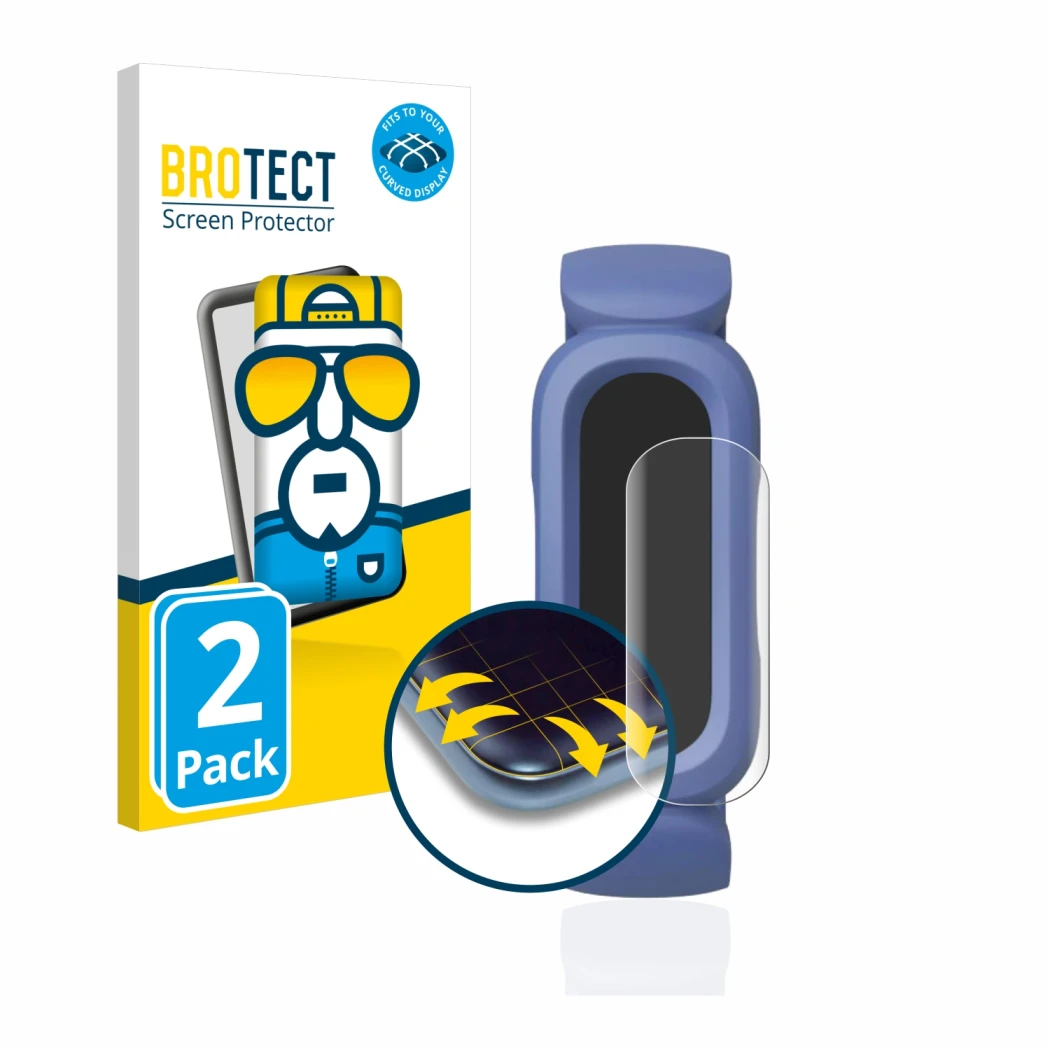 Parte frontal de un envase de producto con el logotipo de la marca BROTECT. Al lado se muestra el dispositivo Fitbit Ace 3 con