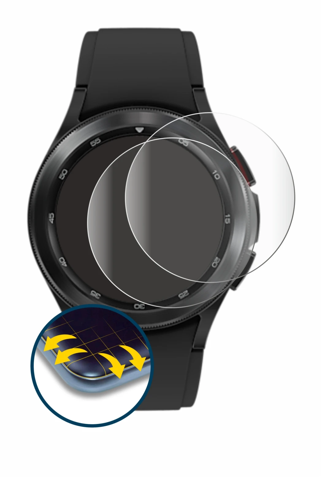 Imagen del dispositivo Samsung Galaxy Watch 4 Classic (42mm) con una amplia variedad de protectores de pantalla.