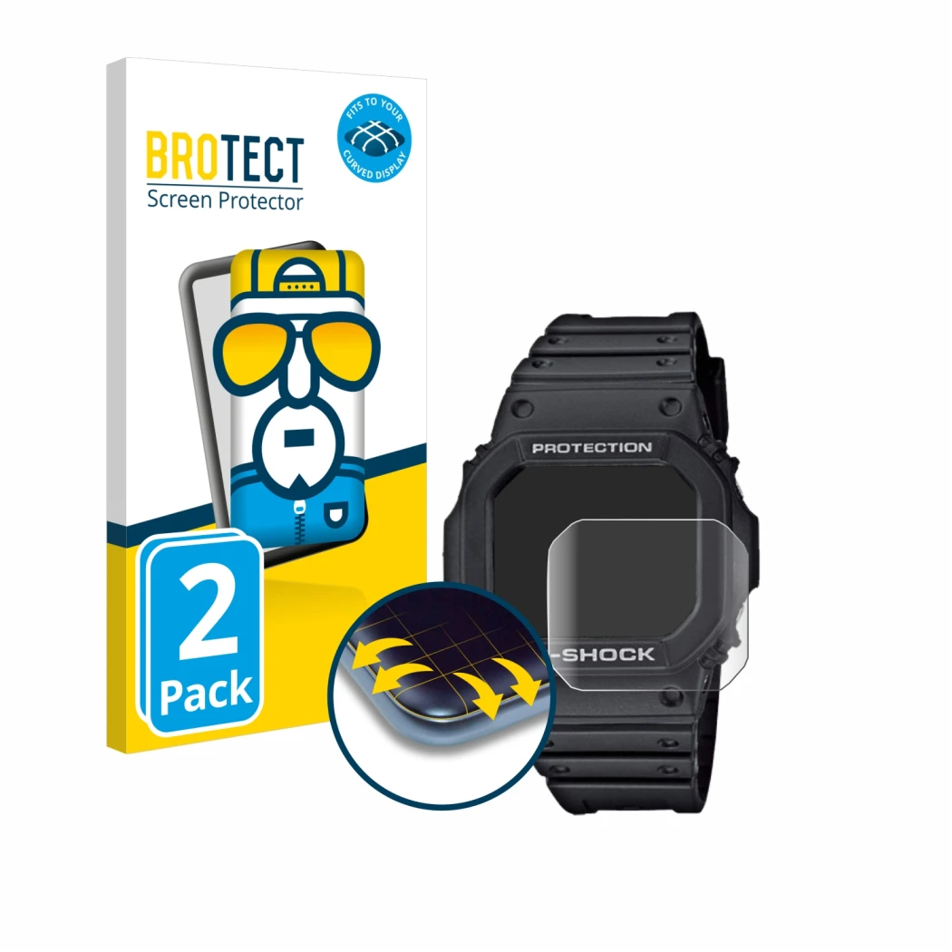 Parte frontal de un envase de producto con el logotipo de la marca BROTECT. Al lado se muestra el dispositivo Casio G-Shock GW