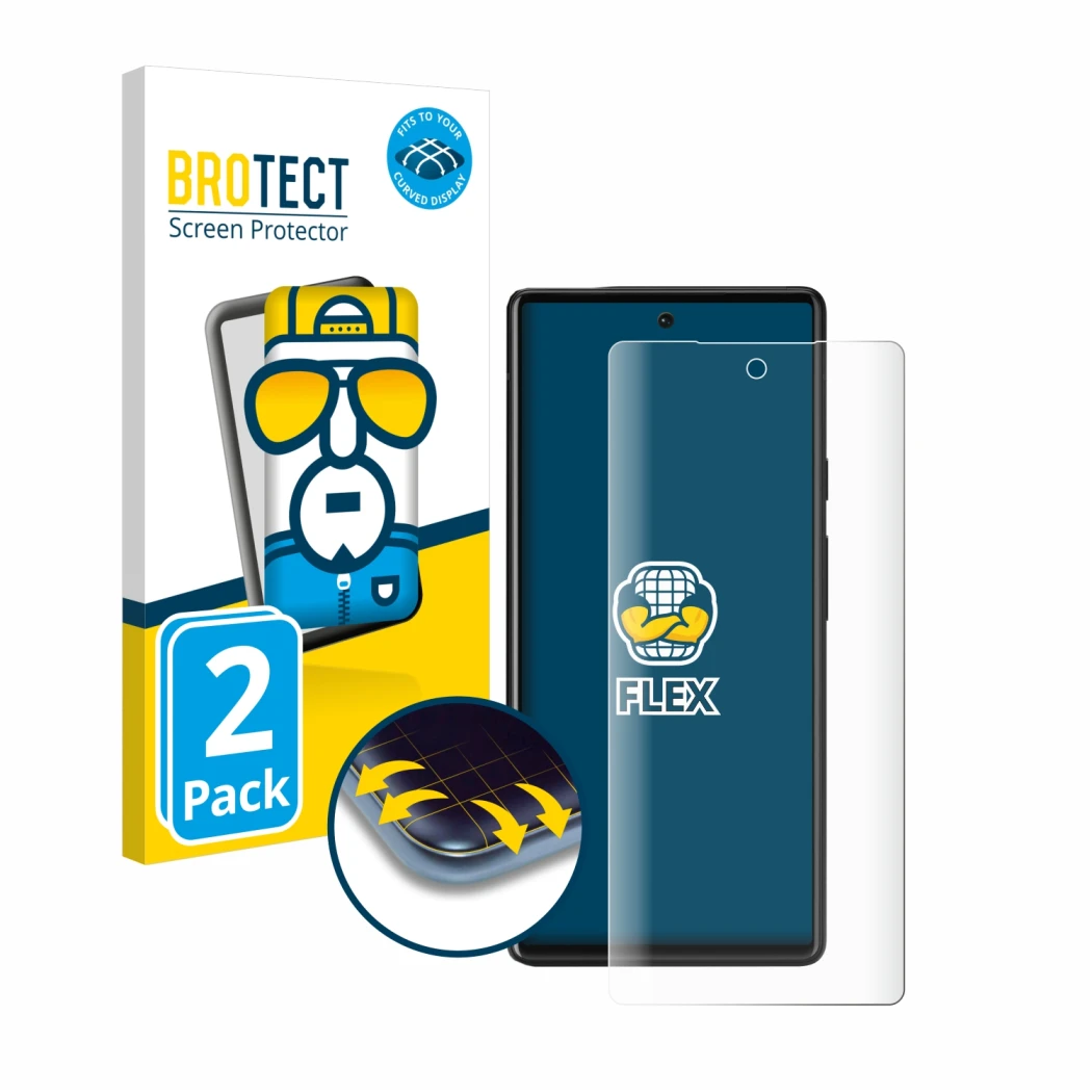 Parte frontal de un envase de producto con el logotipo de la marca BROTECT. Al lado se muestra el dispositivo Google Pixel 6 c