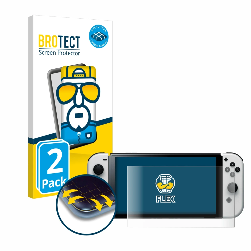 Parte frontal de un envase de producto con el logotipo de la marca BROTECT. Al lado se muestra el dispositivo Nintendo Switch