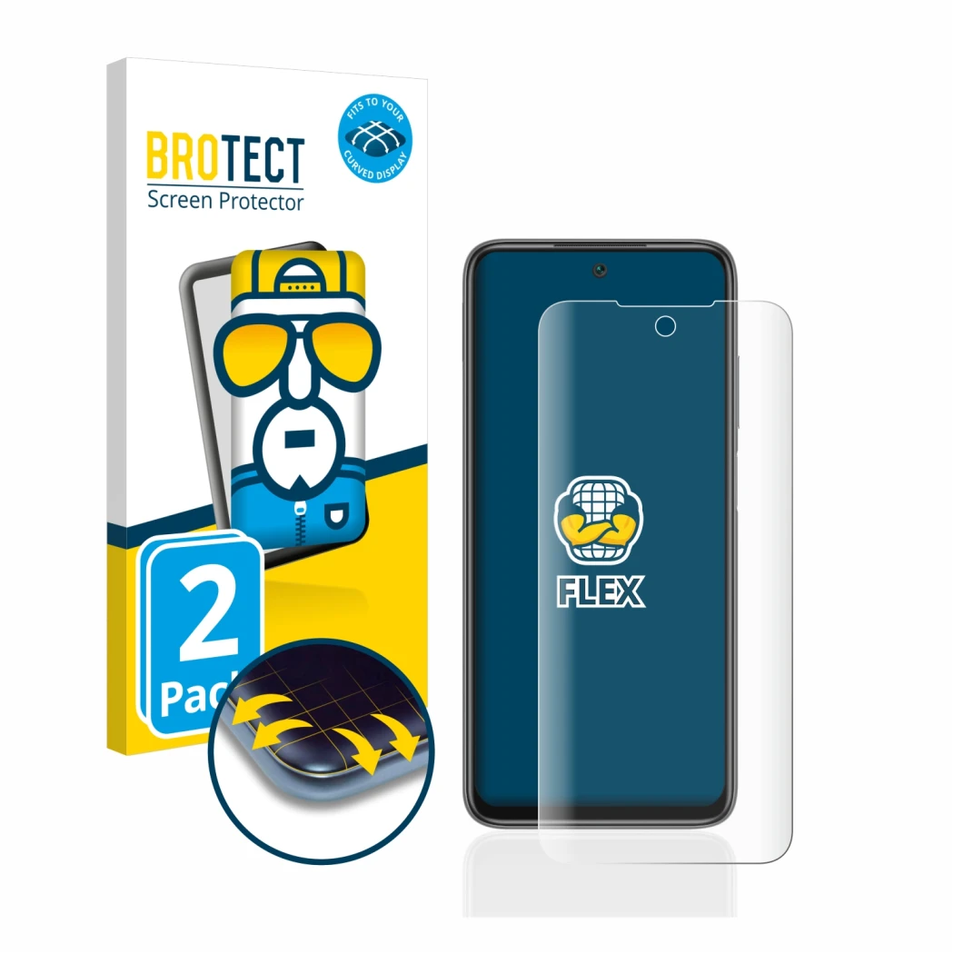 Parte frontal de un envase de producto con el logotipo de la marca BROTECT. Al lado se muestra el dispositivo Xiaomi Redmi 10 