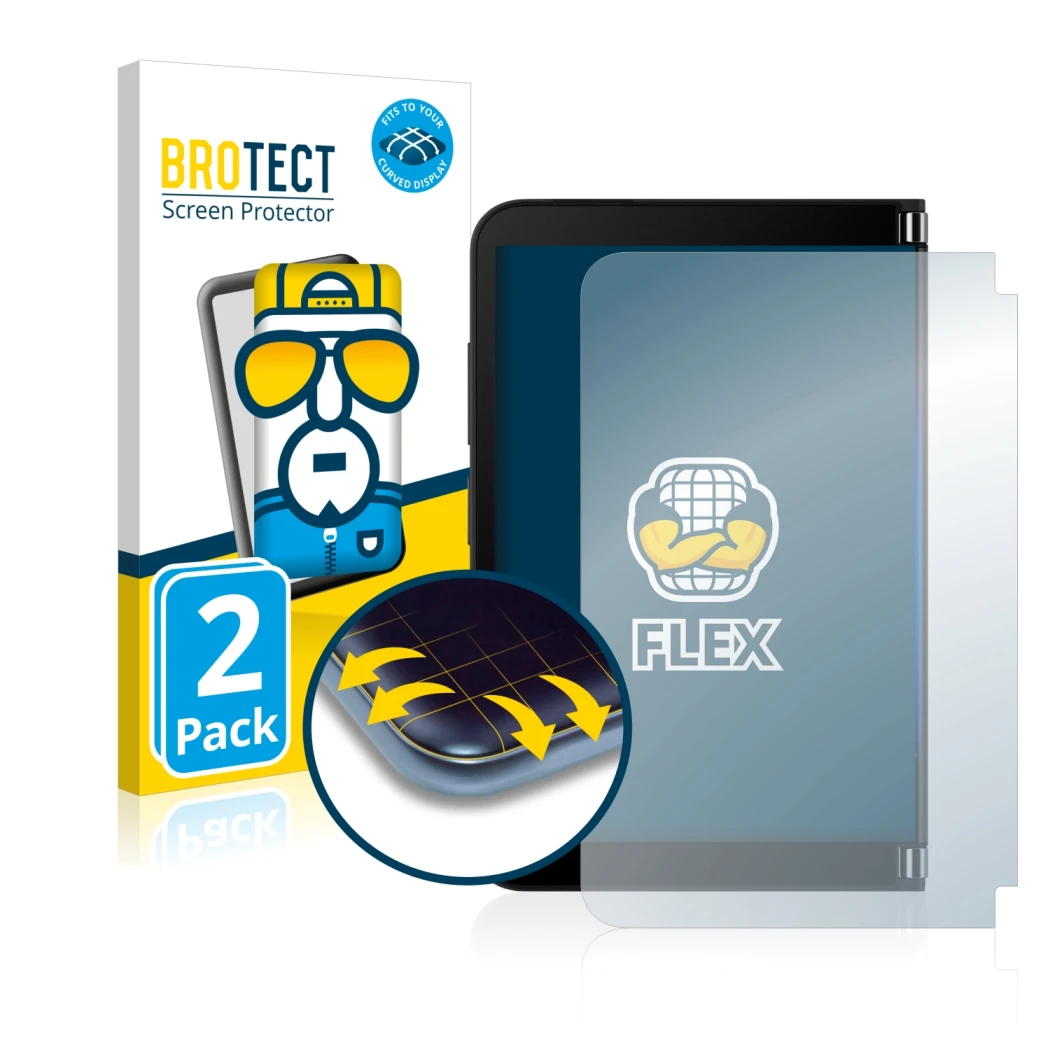 Parte frontal de un envase de producto con el logotipo de la marca BROTECT. Al lado se muestra el dispositivo Microsoft Surfac