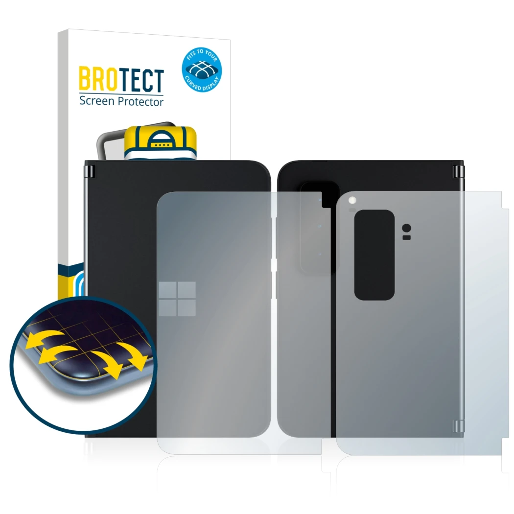Parte frontal de un envase de producto con el logotipo de la marca BROTECT. Al lado se muestra el dispositivo Microsoft Surfac