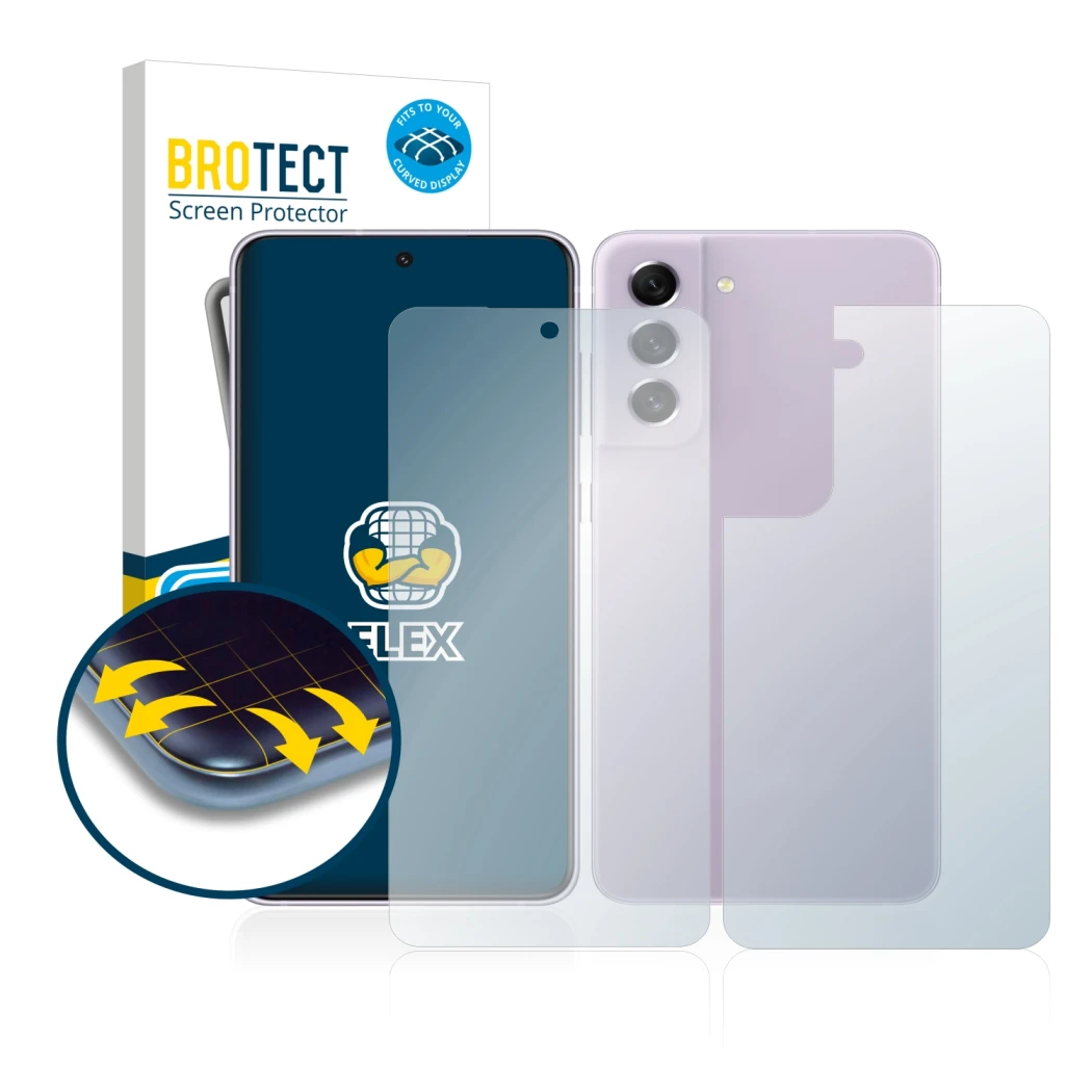 Parte frontal de un envase de producto con el logotipo de la marca BROTECT. Al lado se muestra el dispositivo Samsung Galaxy S