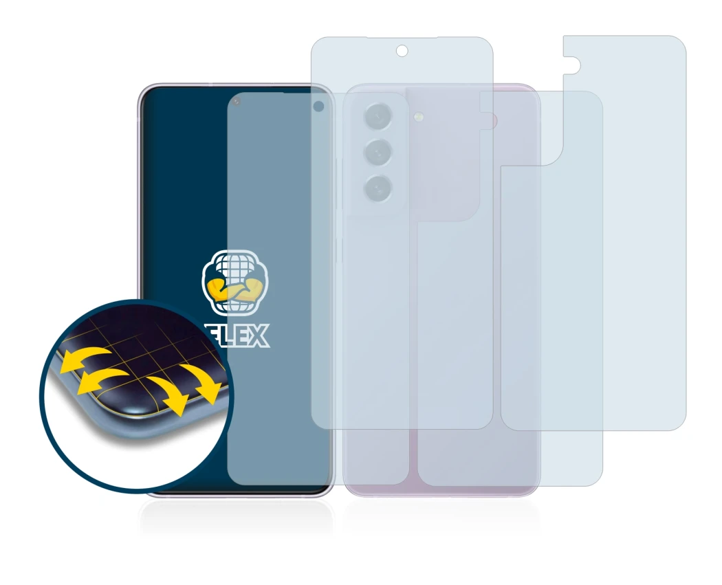 Imagen del dispositivo Samsung Galaxy S21 FE 5G (Frontal+Trasero) con una amplia variedad de protectores de pantalla.
