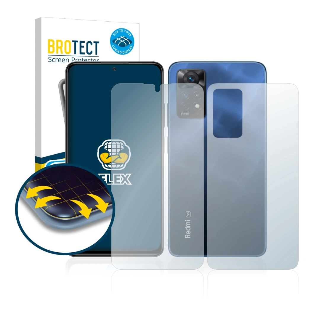 Parte frontal de un envase de producto con el logotipo de la marca BROTECT. Al lado se muestra el dispositivo Xiaomi Redmi Not