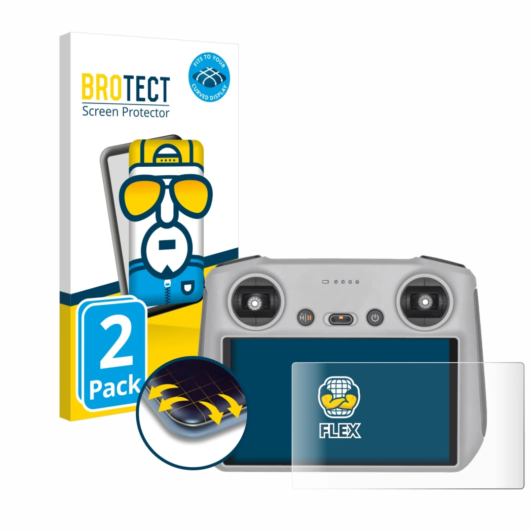 Parte frontal de un envase de producto con el logotipo de la marca BROTECT. Al lado se muestra el dispositivo DJI RC Controlle