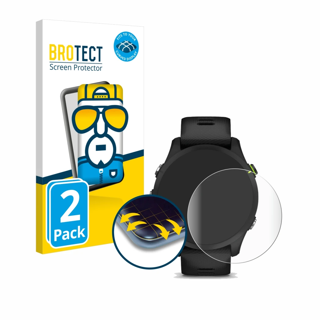 Parte frontal de un envase de producto con el logotipo de la marca BROTECT. Al lado se muestra el dispositivo Garmin Forerunne