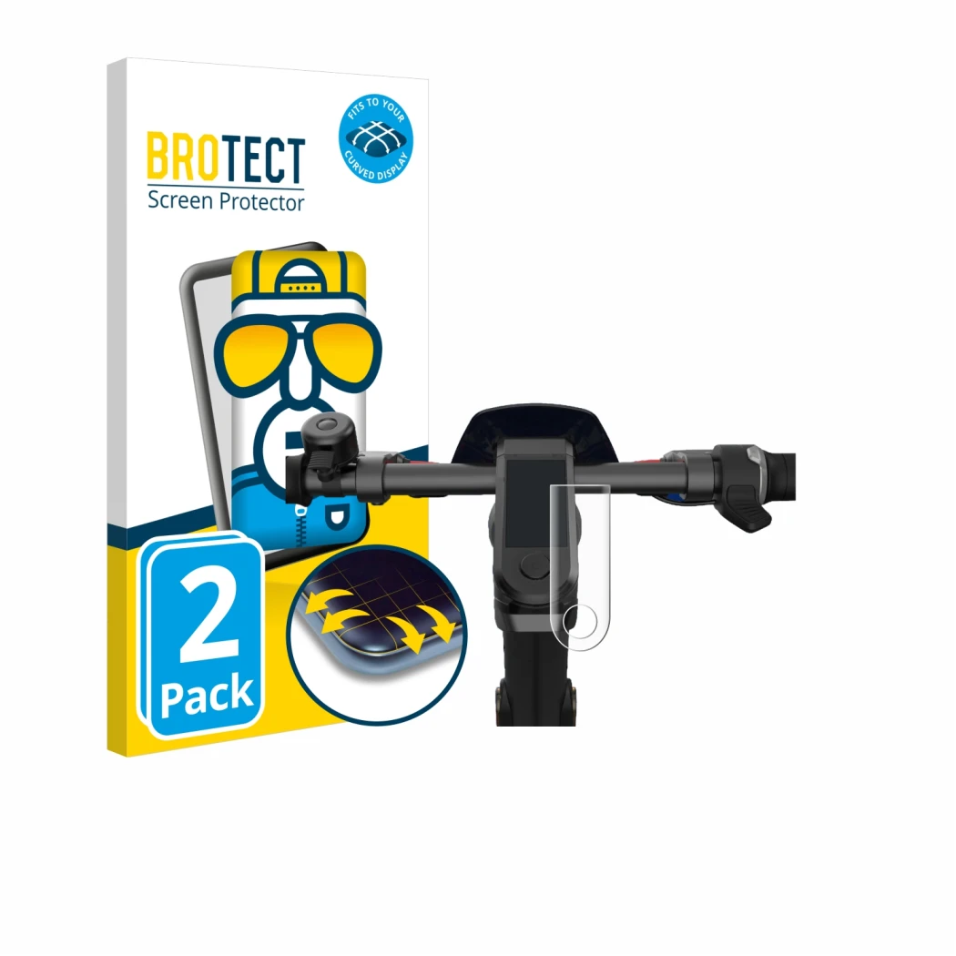 Parte frontal de un envase de producto con el logotipo de la marca BROTECT. Al lado se muestra el dispositivo NIU KQi3 Pro con