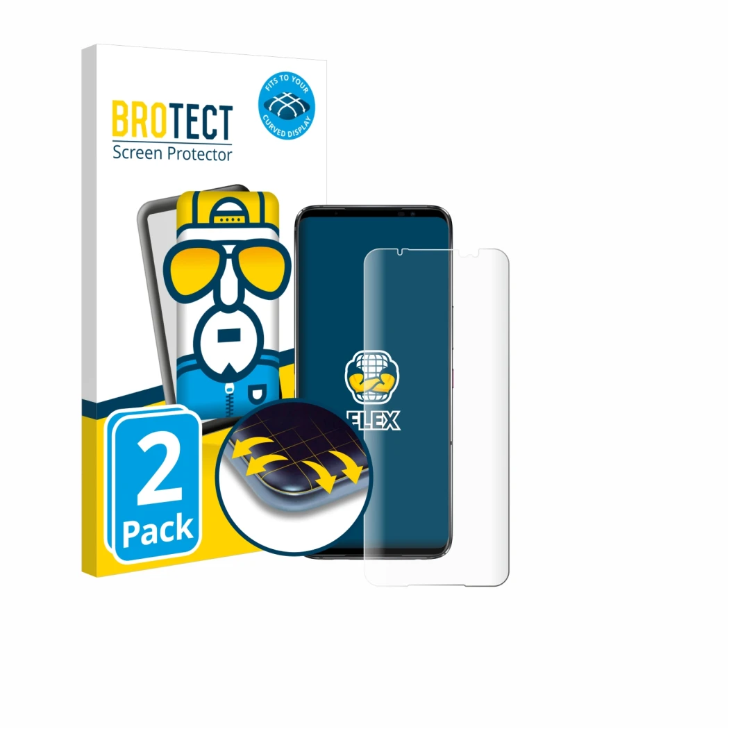 Parte frontal de un envase de producto con el logotipo de la marca BROTECT. Al lado se muestra el dispositivo ASUS ROG Phone 6