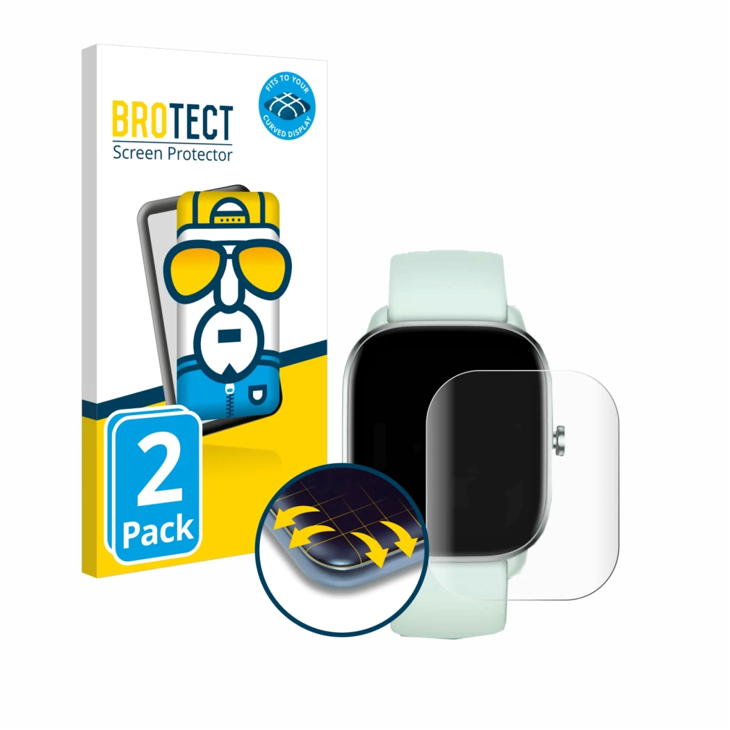 Parte frontal de un envase de producto con el logotipo de la marca BROTECT. Al lado se muestra el dispositivo Huami Amazfit GT