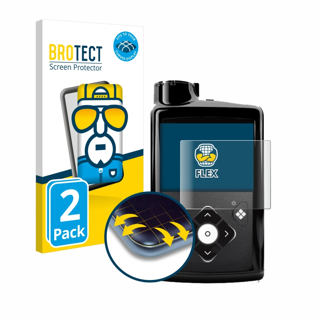 Parte frontal de un envase de producto con el logotipo de la marca BROTECT. Al lado se muestra el dispositivo Medtronic Minime