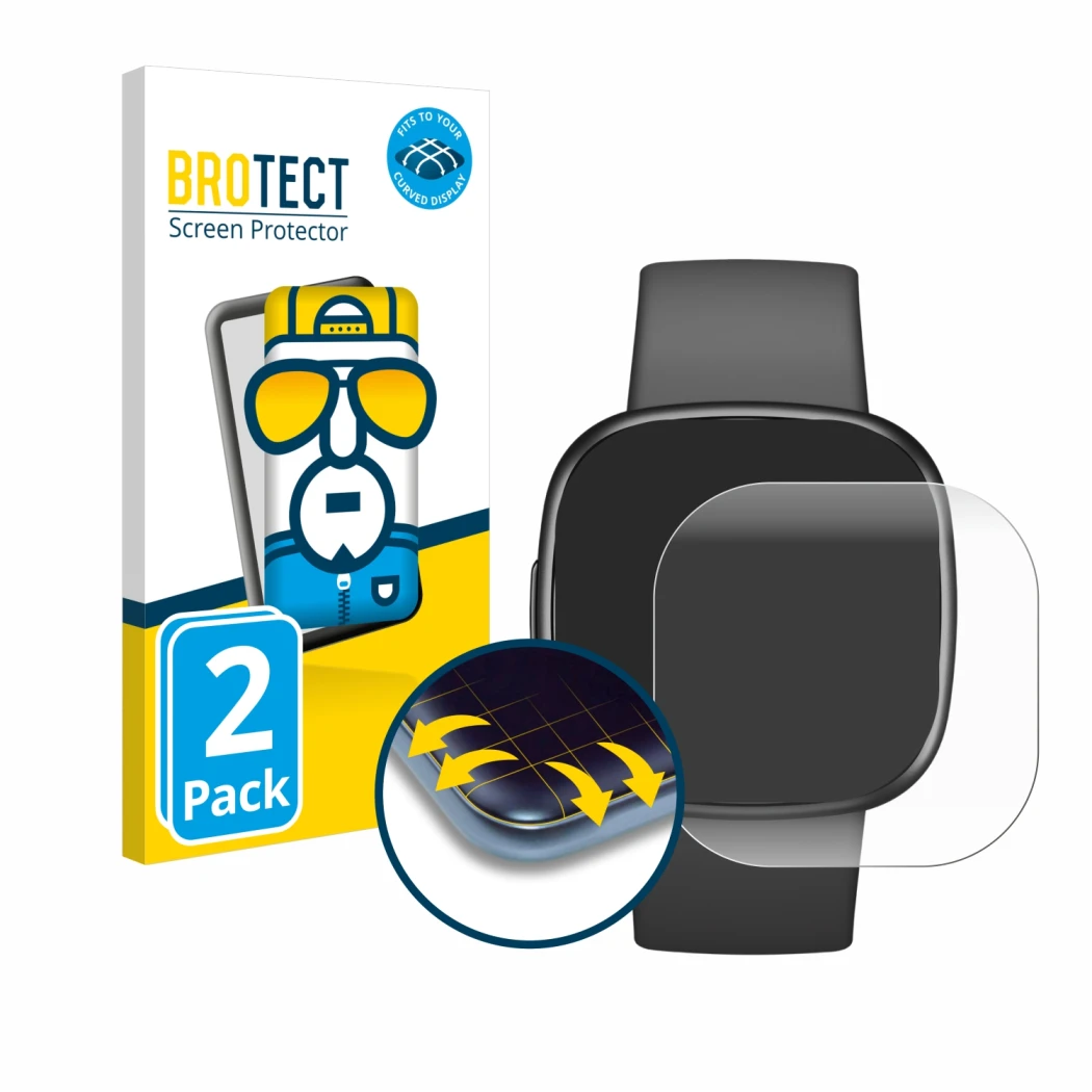 Parte frontal de un envase de producto con el logotipo de la marca BROTECT. Al lado se muestra el dispositivo Fitbit Sense 2 c