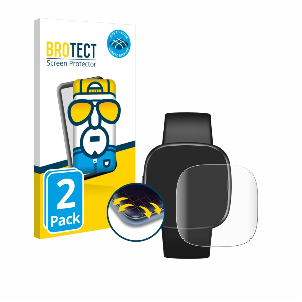 Parte frontal de un envase de producto con el logotipo de la marca BROTECT. Al lado se muestra el dispositivo Fitbit Versa 4 c