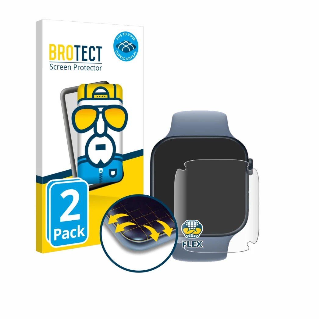 Parte frontal de un envase de producto con el logotipo de la marca BROTECT. Al lado se muestra el dispositivo Apple Watch Seri