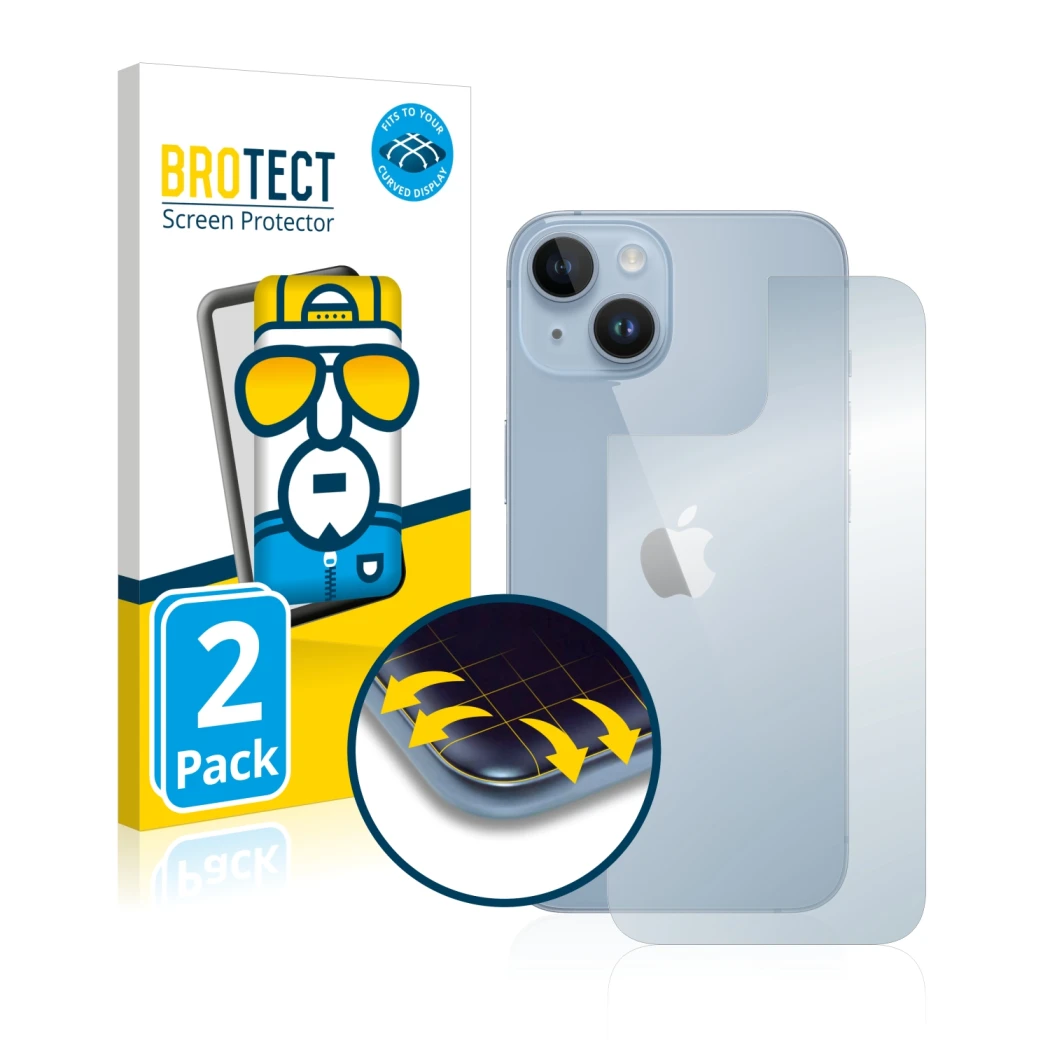 Parte frontal de un envase de producto con el logotipo de la marca BROTECT. Al lado se muestra el dispositivo Apple iPhone 14