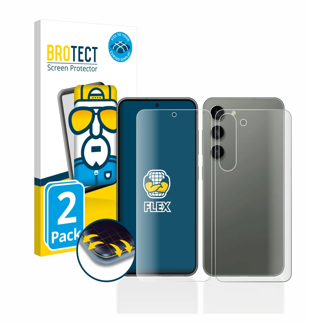 Parte frontal de un envase de producto con el logotipo de la marca BROTECT. Al lado se muestra el dispositivo Samsung Galaxy S