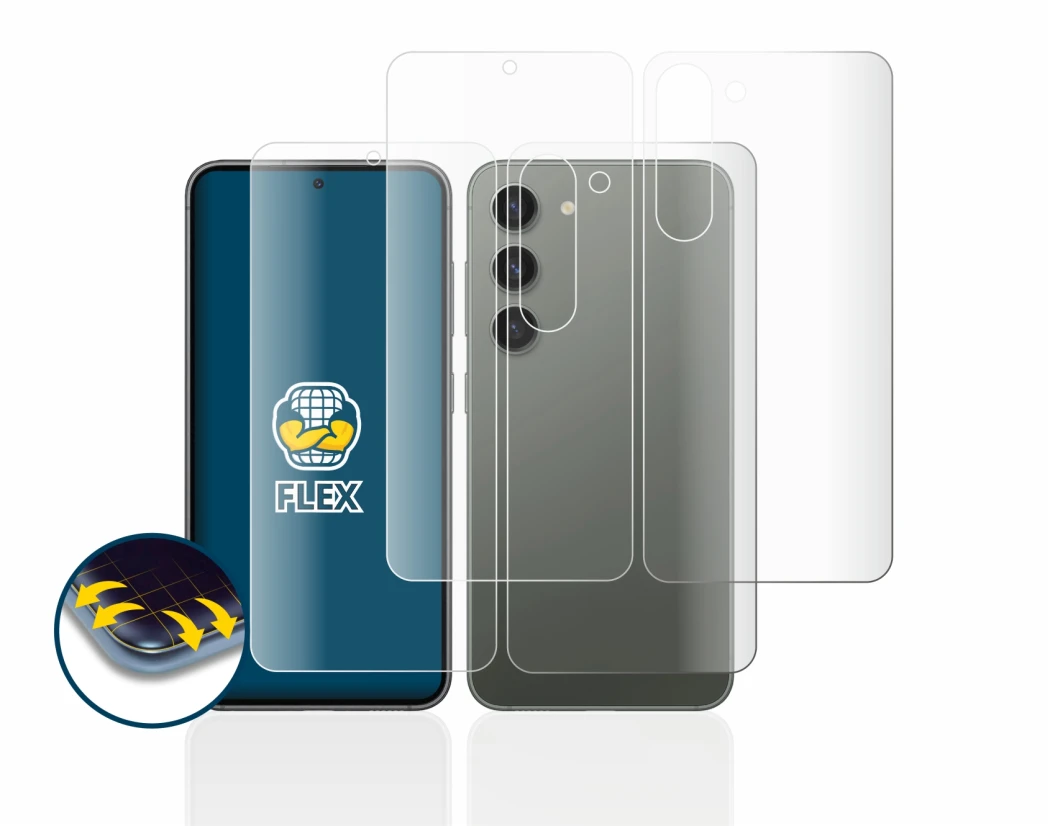 Imagen del dispositivo Samsung Galaxy S23 (Frontal+Trasero) con una amplia variedad de protectores de pantalla.