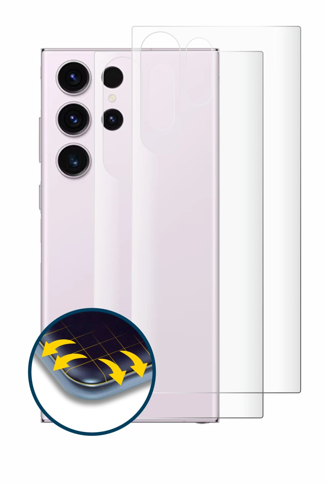 Imagen del dispositivo Samsung Galaxy S23 Ultra (Trasero) con una amplia variedad de protectores de pantalla.