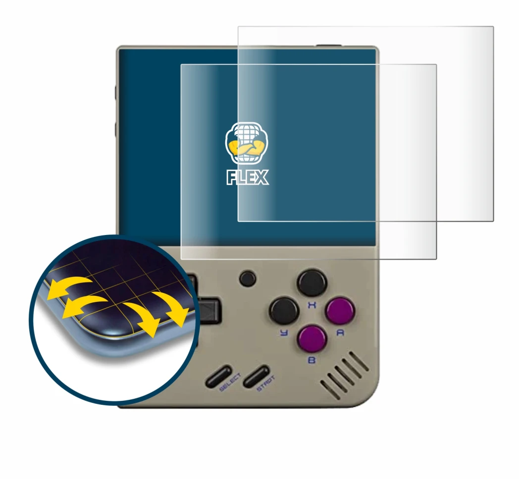 Imagen del dispositivo Miyoo Mini Plus con una amplia variedad de protectores de pantalla.