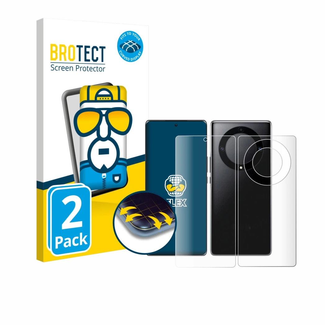 Parte frontal de un envase de producto con el logotipo de la marca BROTECT. Al lado se muestra el dispositivo Honor Magic 5 Li