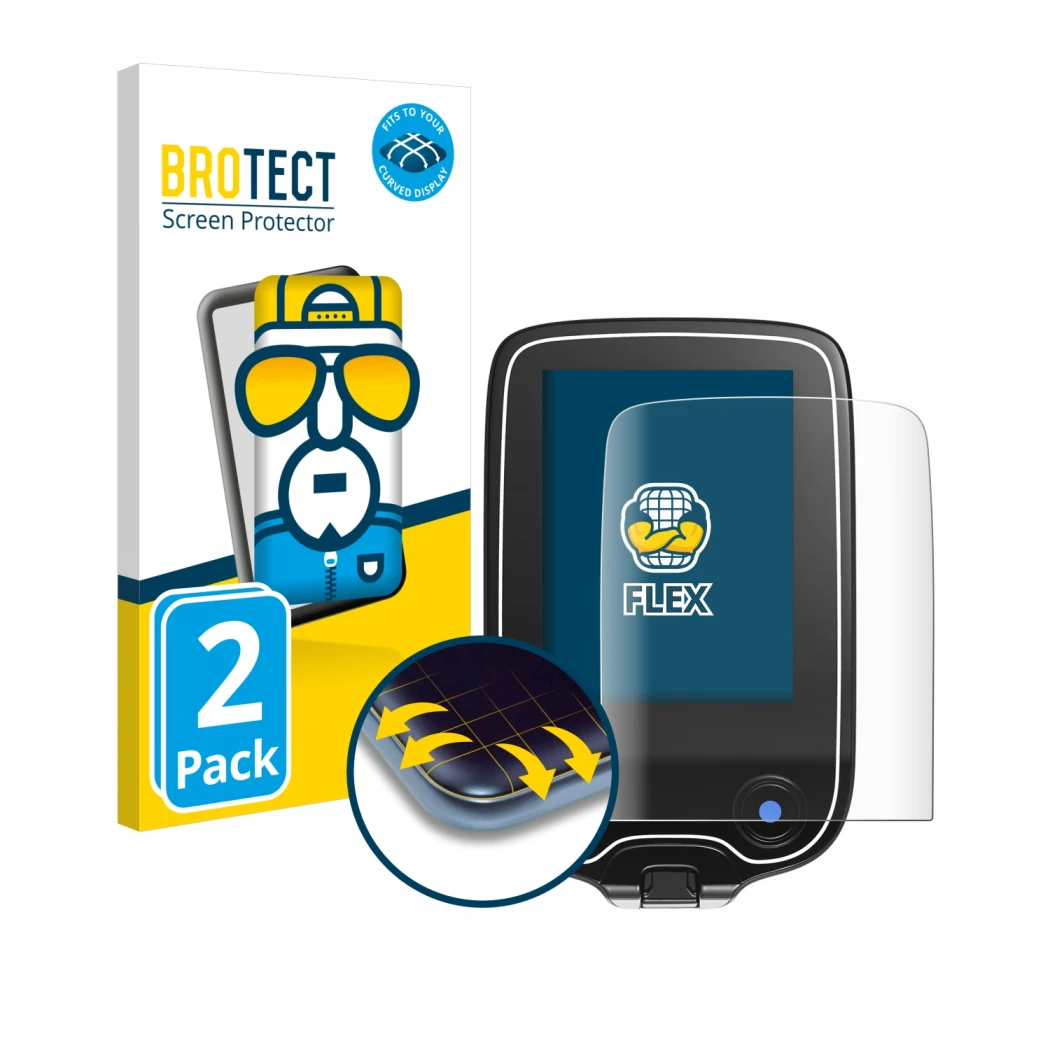 Parte frontal de un envase de producto con el logotipo de la marca BROTECT. Al lado se muestra el dispositivo Freestyle Libre