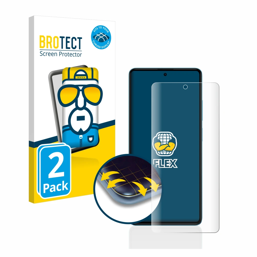 Parte frontal de un envase de producto con el logotipo de la marca BROTECT. Al lado se muestra el dispositivo Xiaomi Poco F5 c