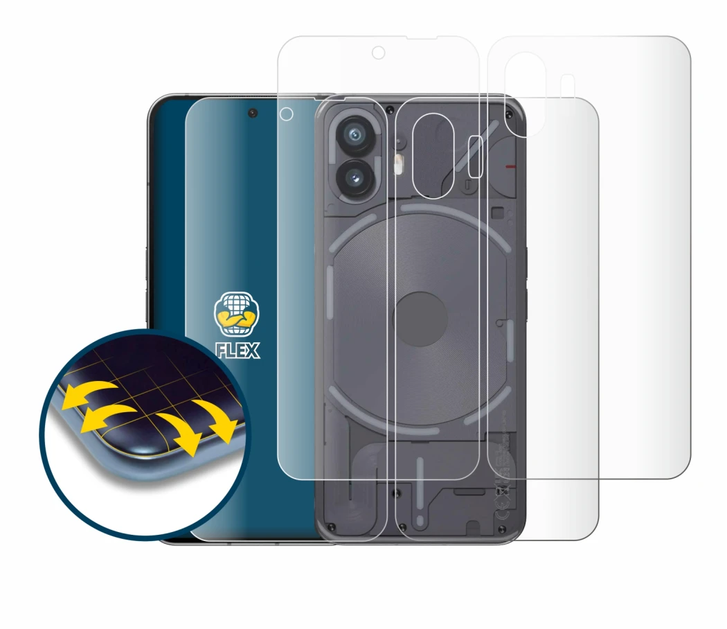 Imagen del dispositivo Nothing Phone (2) (Frontal+Trasero) con una amplia variedad de protectores de pantalla.