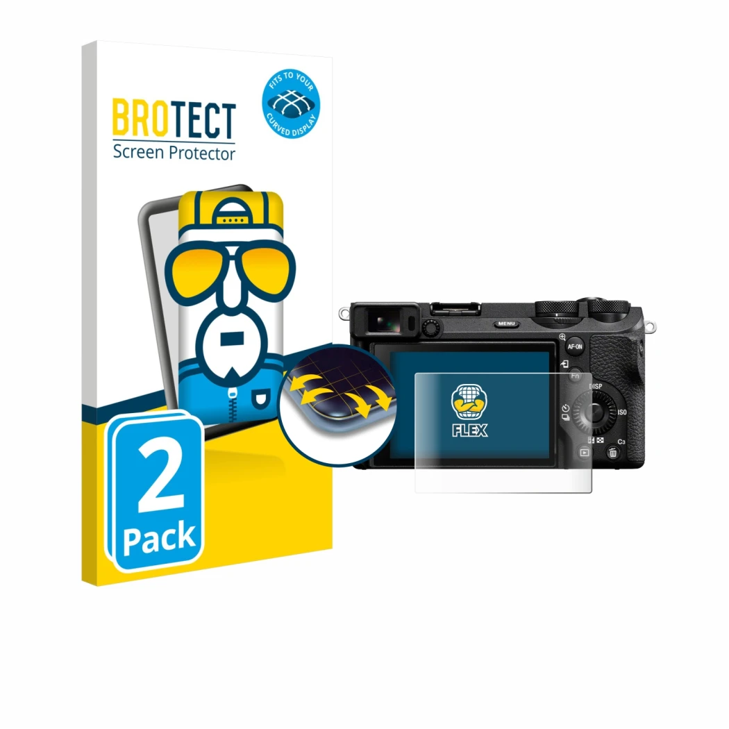 Parte frontal de un envase de producto con el logotipo de la marca BROTECT. Al lado se muestra el dispositivo Sony Alpha 6700 