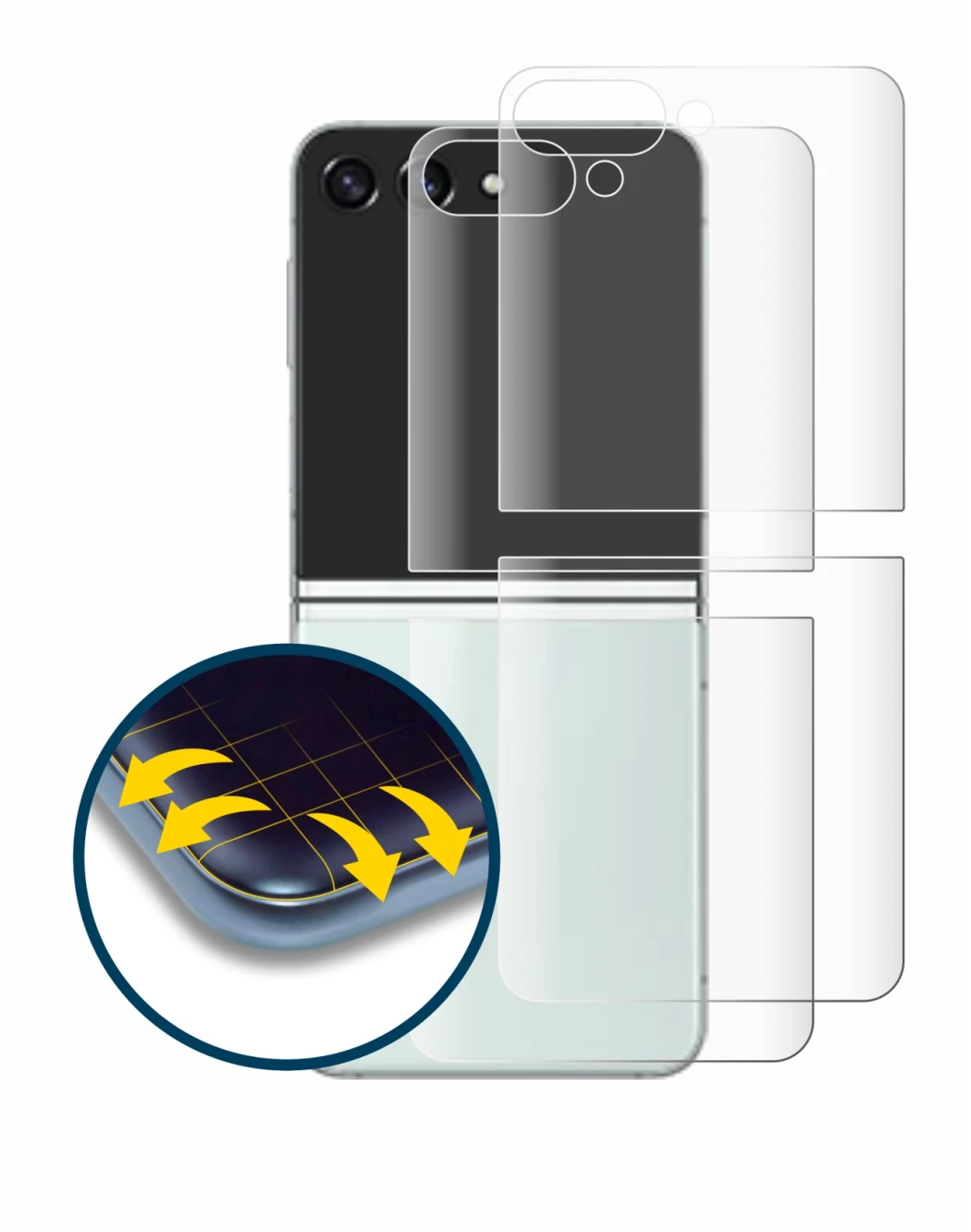 Imagen del dispositivo Samsung Galaxy Z Flip 5 (Trasero) con una amplia variedad de protectores de pantalla.