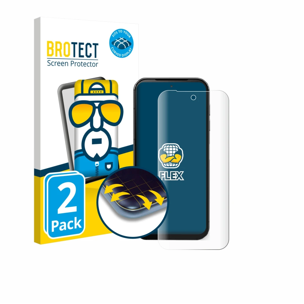 Parte frontal de un envase de producto con el logotipo de la marca BROTECT. Al lado se muestra el dispositivo Fairphone 5 con 