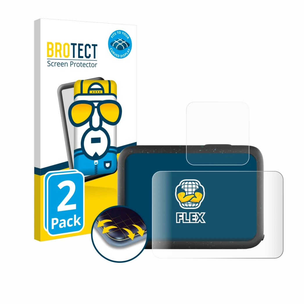 Parte frontal de un envase de producto con el logotipo de la marca BROTECT. Al lado se muestra el dispositivo GoPro Hero 12 Bl