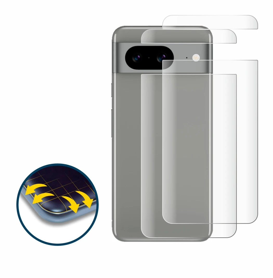 Imagen del dispositivo Google Pixel 8 (Trasero) con una amplia variedad de protectores de pantalla.