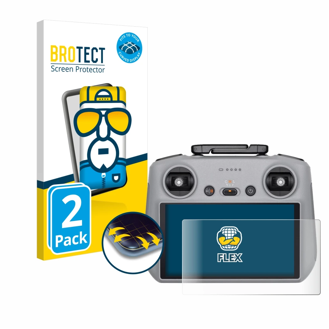 Parte frontal de un envase de producto con el logotipo de la marca BROTECT. Al lado se muestra el dispositivo DJI RC 2 con su 