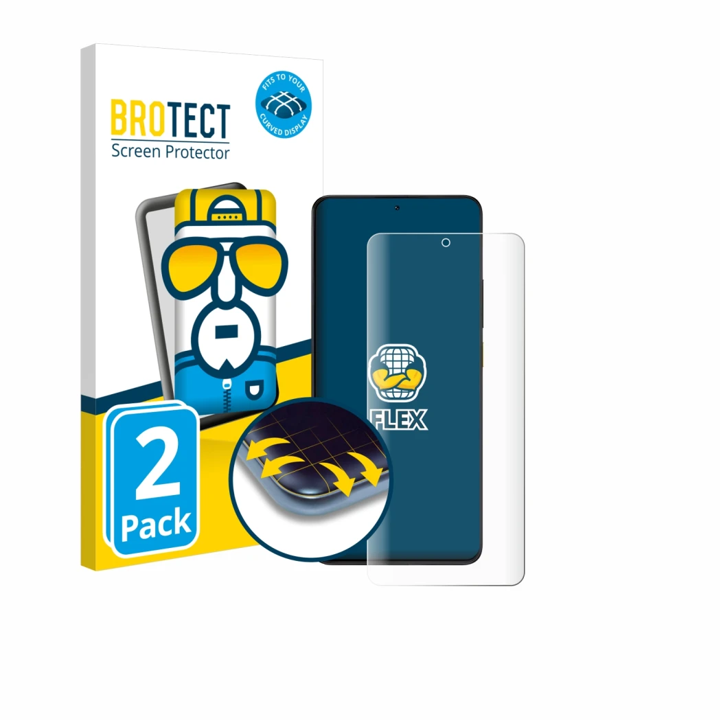 Parte frontal de un envase de producto con el logotipo de la marca BROTECT. Al lado se muestra el dispositivo Xiaomi Poco X6 P