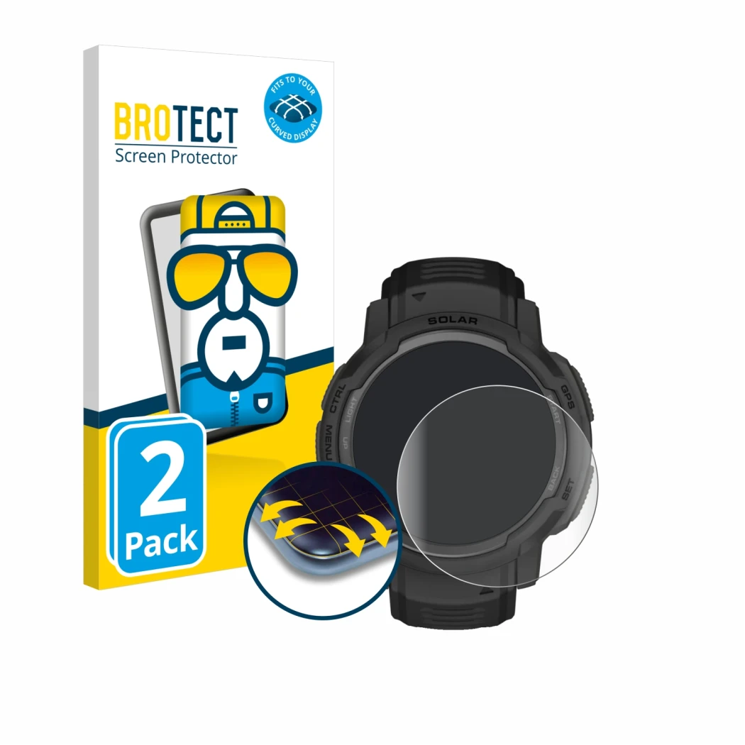 Parte frontal de un envase de producto con el logotipo de la marca BROTECT. Al lado se muestra el dispositivo Garmin Instinct 