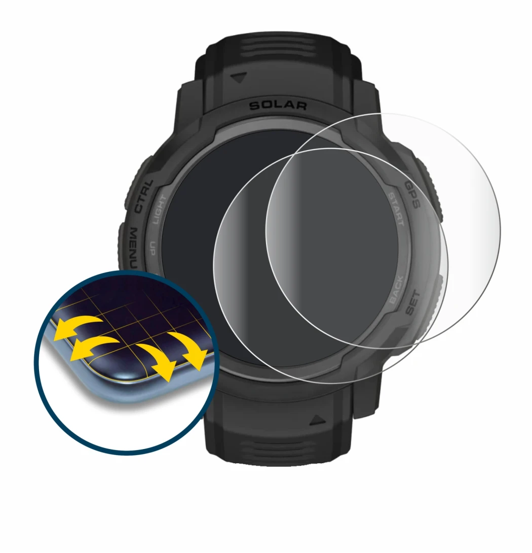 Imagen del dispositivo Garmin Instinct Crossover AMOLED con una amplia variedad de protectores de pantalla.