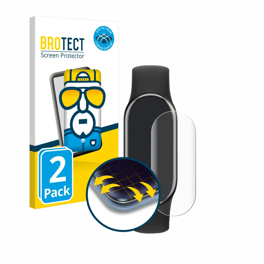 Parte frontal de un envase de producto con el logotipo de la marca BROTECT. Al lado se muestra el dispositivo Xiaomi Smart Ban