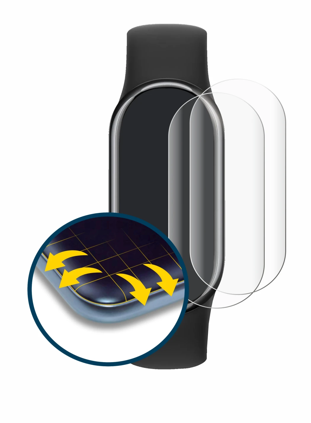 Imagen del dispositivo Xiaomi Smart Band 8 con una amplia variedad de protectores de pantalla.