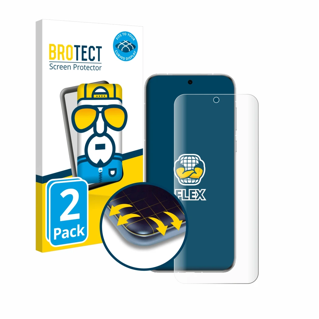 Parte frontal de un envase de producto con el logotipo de la marca BROTECT. Al lado se muestra el dispositivo Huawei Pura 70 U