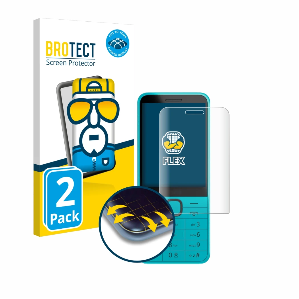 Parte frontal de un envase de producto con el logotipo de la marca BROTECT. Al lado se muestra el dispositivo Nokia 235 4G (20