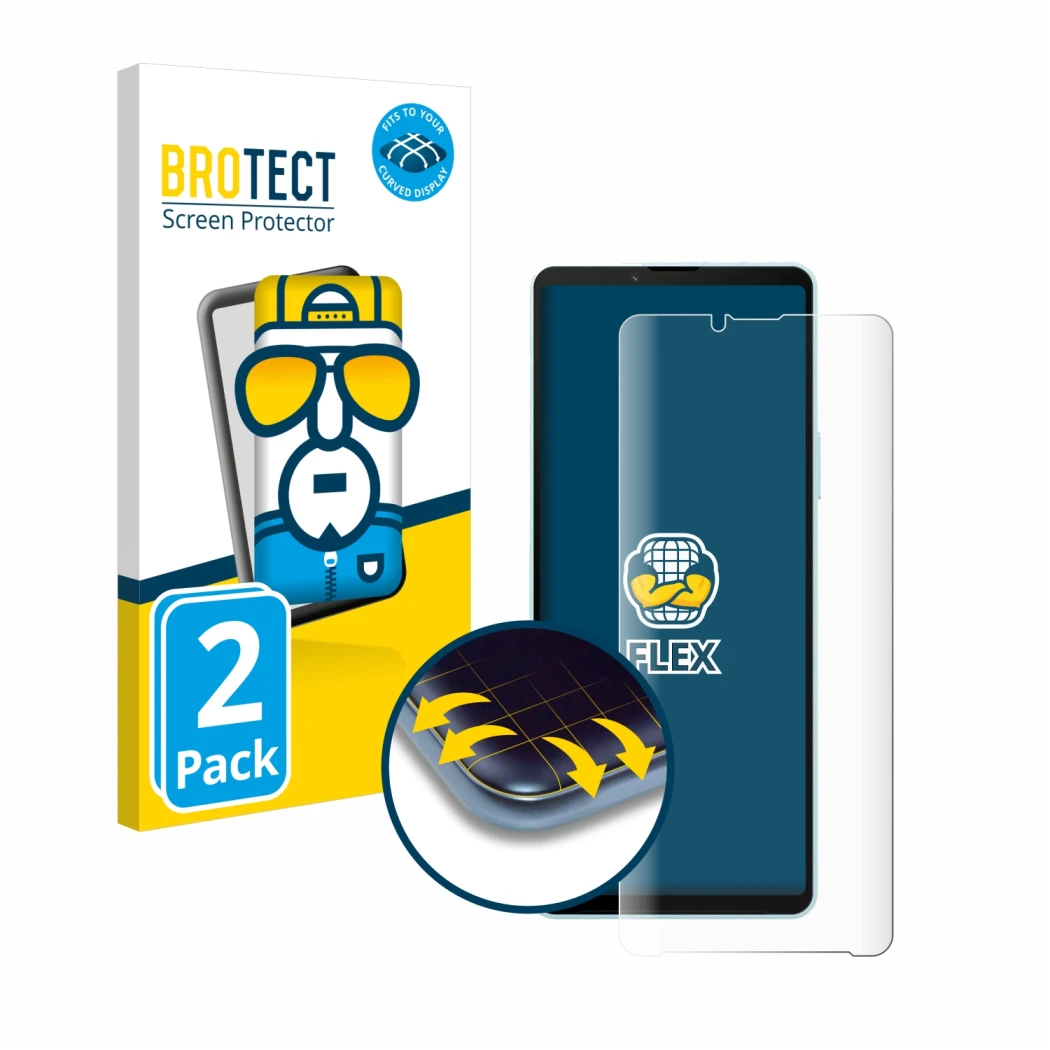 Parte frontal de un envase de producto con el logotipo de la marca BROTECT. Al lado se muestra el dispositivo Sony Xperia 10 V