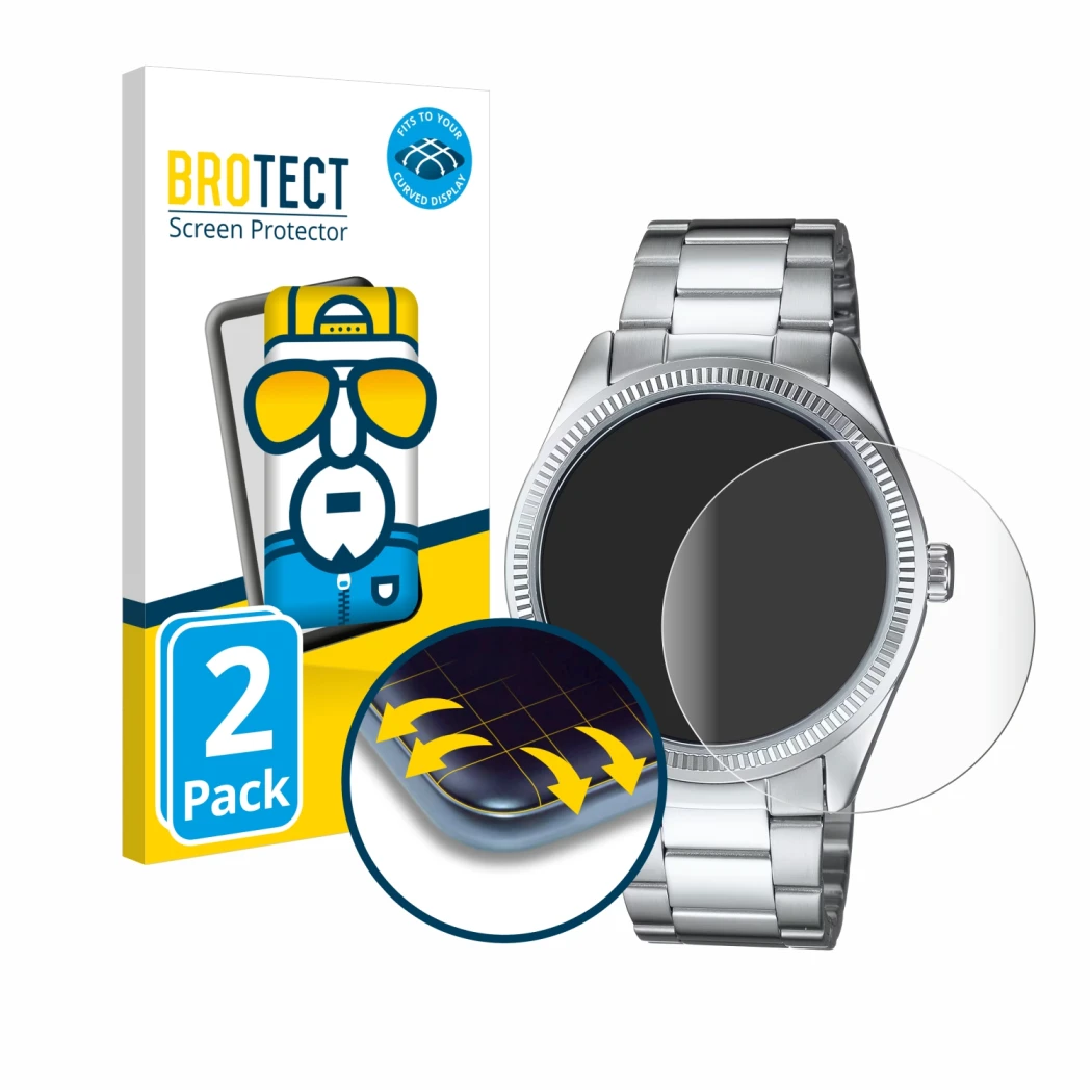 Parte frontal de un envase de producto con el logotipo de la marca BROTECT. Al lado se muestra el dispositivo Casio MTP-1302PD